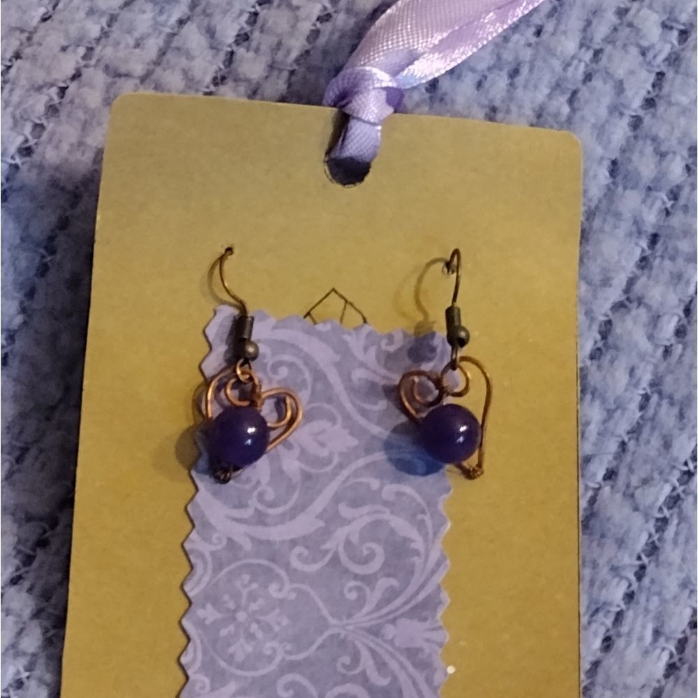 Heart blue brass wire earring jewelry gift ooak valentine's wedding bridesmaid